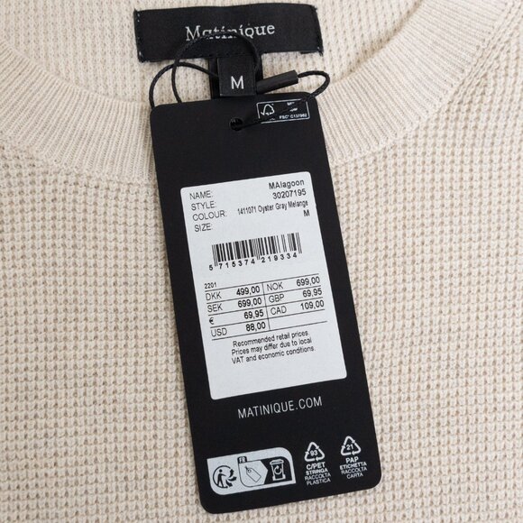 Matinique Malagoon Crewneck Sweater Mens Medium Oyster Gray Melange Cotton Cream - Picture 7 of 15